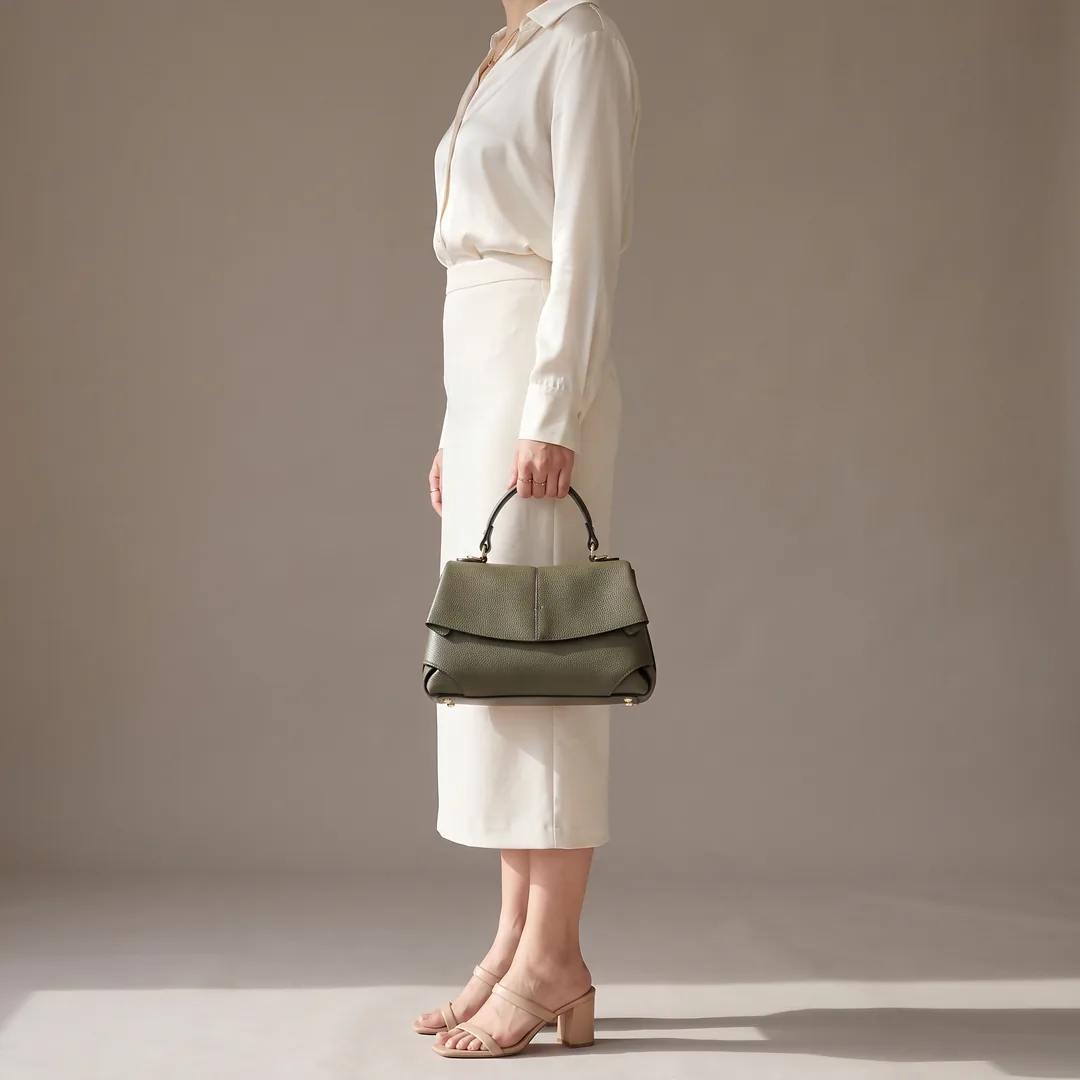 Geanta Camilla din piele naturală, verde oliv