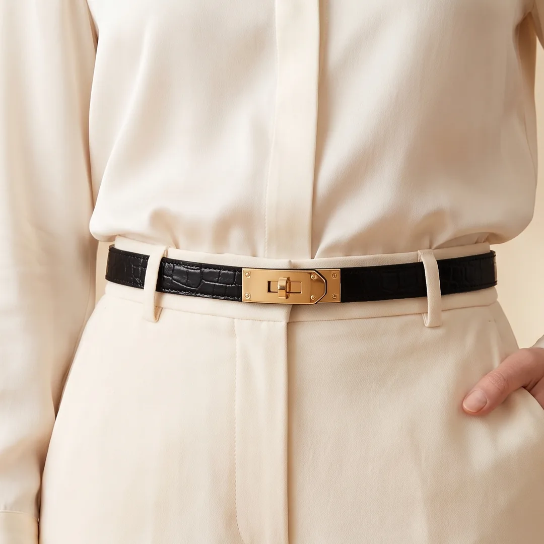 Curea din piele cu închidere turn-lock, Negru croco