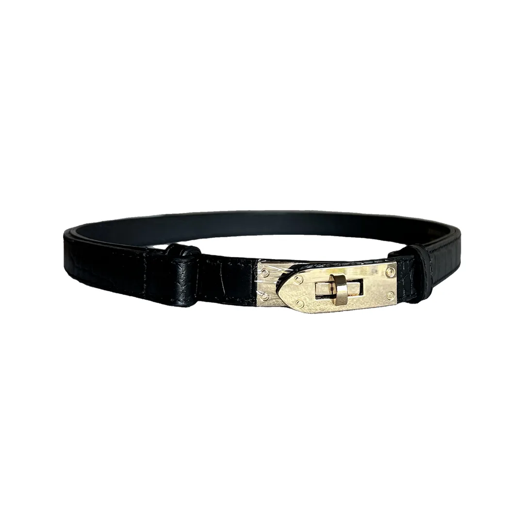Curea din piele cu închidere turn-lock, Negru croco