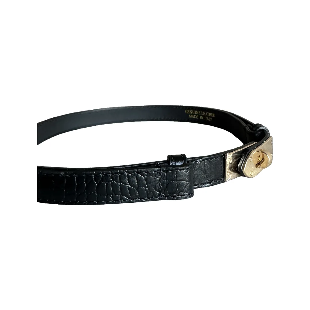 Curea din piele cu închidere turn-lock, Negru croco