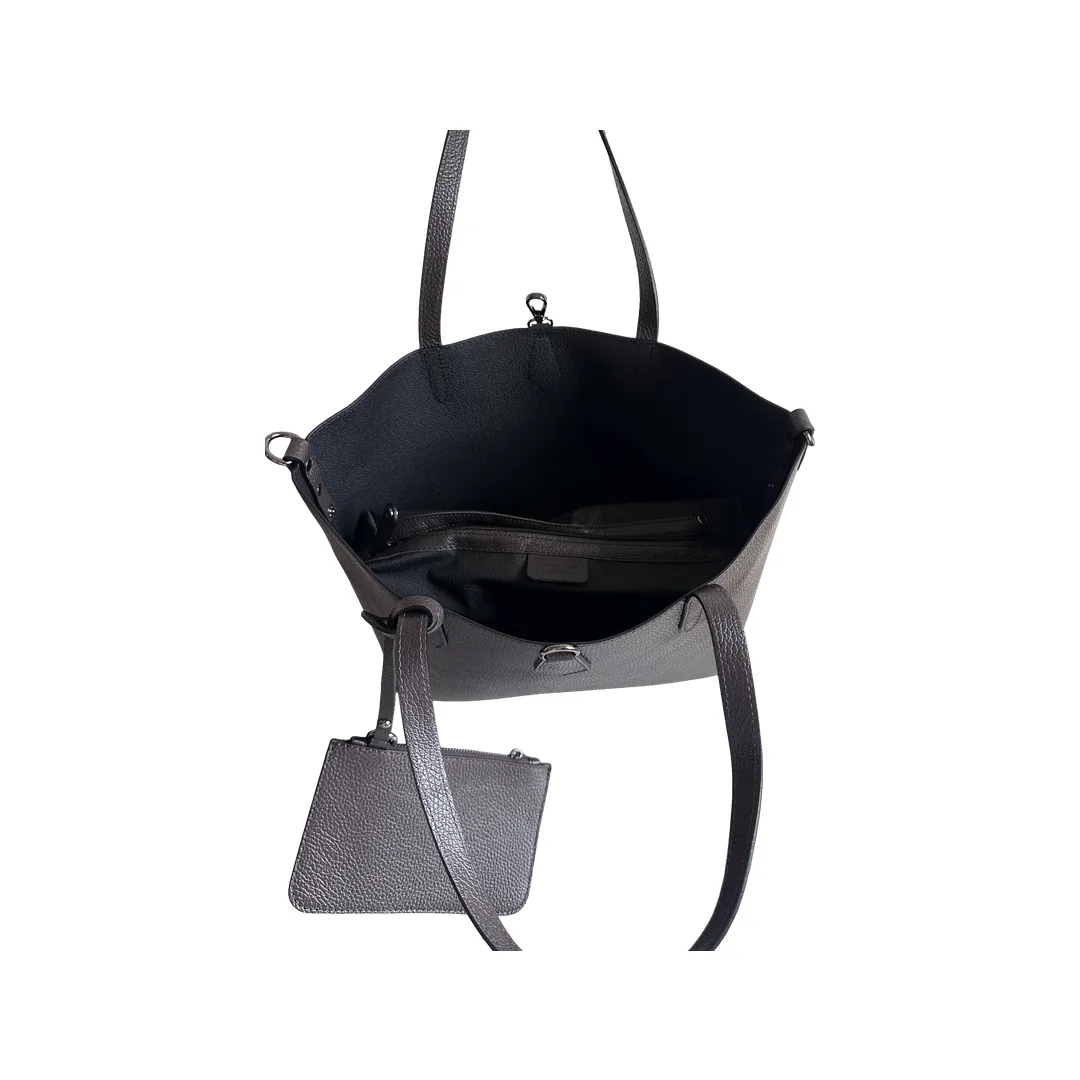 Geanta Shopper din piele naturală granulată, maro închis