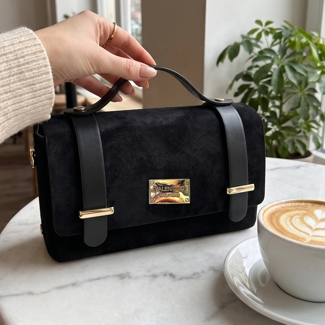 Geantă Valentino Creations Grande din piele întoarsă naturală, Negru